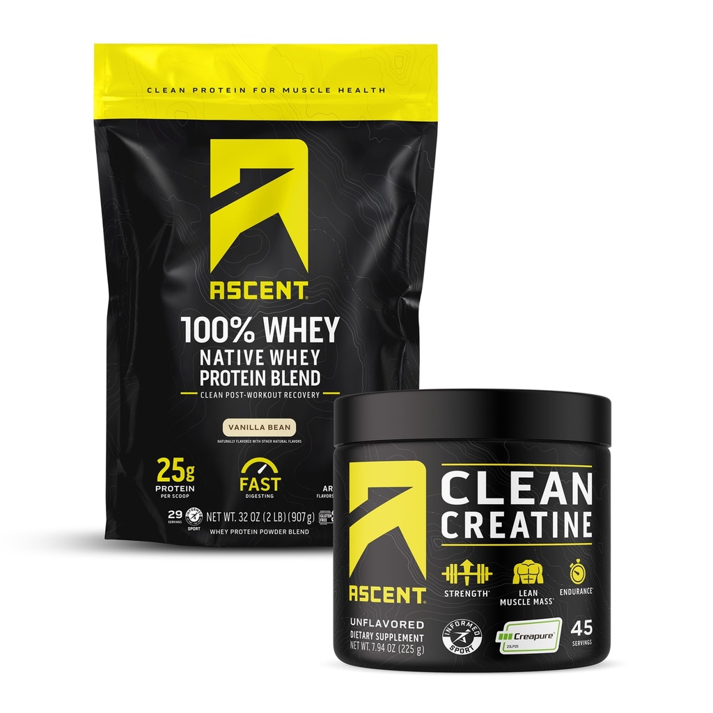 Ascent 100% Whey Protein Powder, Vanilla Bean 2 lb & Creatine Monohydrate Powder, Unflavored 45 Servings
