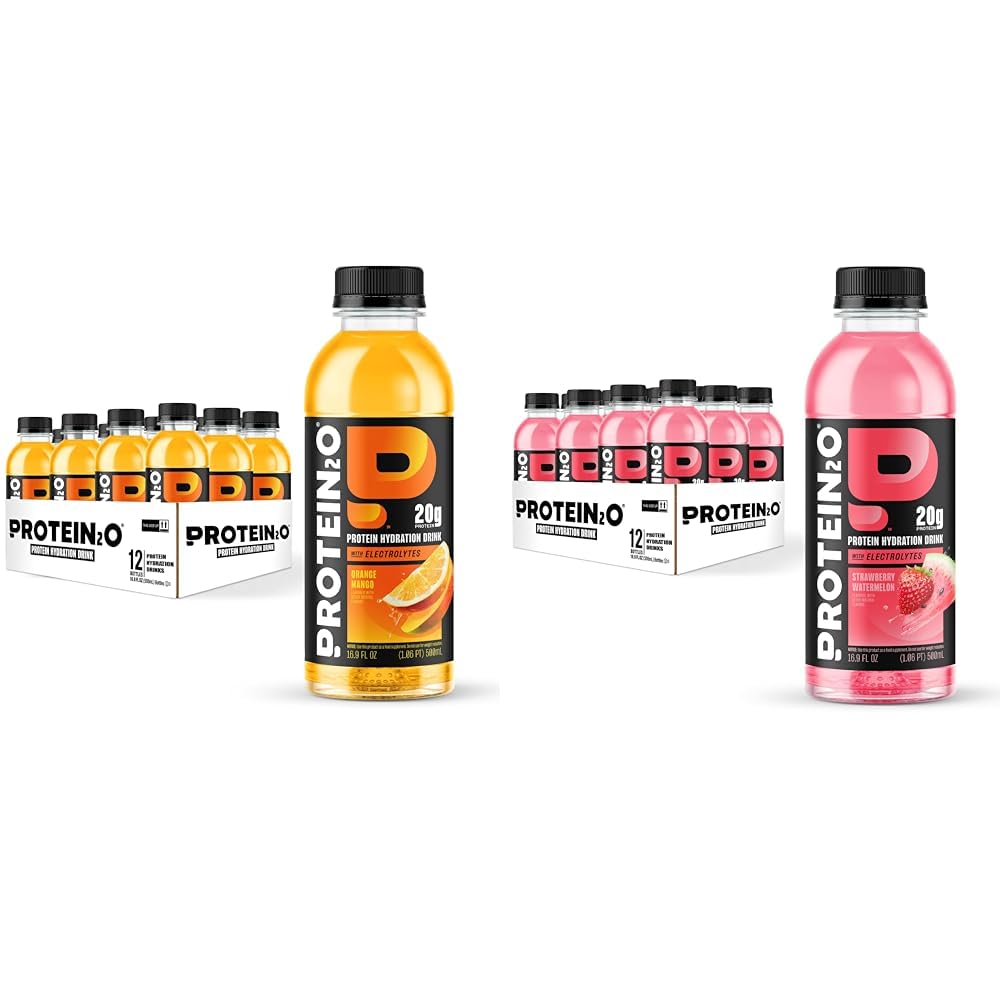 Bundle of Protein2o 20g Whey Protein Isolate Hydration Drink, Orange Mango, 16.9 oz (12 Count) + Protein2o 20g Whey Protein Isolate Hydration Drink, Strawberry Watermelon, 16.9 oz (12 Count)