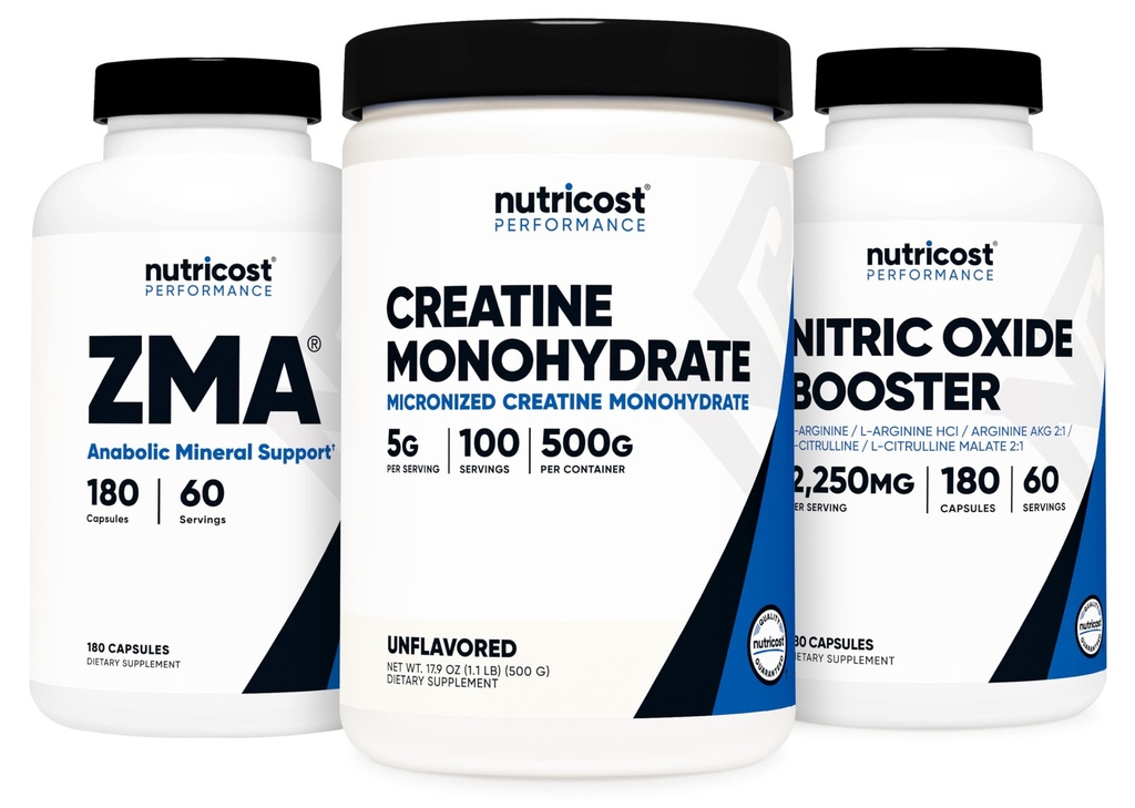 Nutricost Creatine 500 Grams, Nitric Oxide 180 Capsules, and ZMA 180 Capsules Bundle