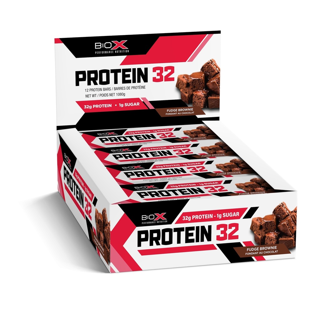 BioX Protein 32 Bar | High Protein, High Fibre, & Low Sugar Bar | 32g Protein, 1g Sugar, 8g Fibre | Sourced From Casein, Whey Protein Isolate, Hydrolyzed Whey Protein | Box of 12 Bars (Fudge Brownie)