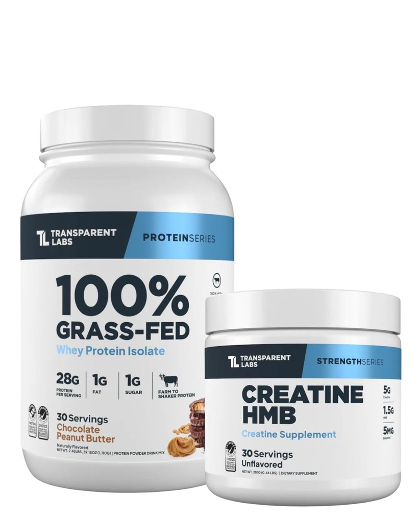 Διαφανή εργαστήρια Grass-Fed Whey Protein Isolate (30 σέρβις, σοκολάτα PB) & Creatine HMB (30 σέρβις, χωρίς γεύση)