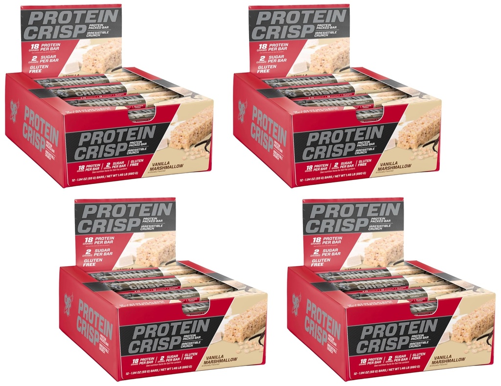 BSN Protein Crisp Bar, Vanilla Marshmallow, 18 Gram Protein Snack Bars with Whey and Fiber, Gluten-Free Crunchy Energy Bars for Workout, Fitness, On-the-Go, 12 Count (Pack of 4)