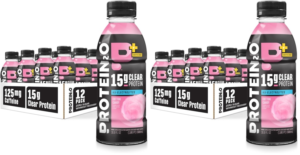 Protein2o 15g Whey Protein Isolate Hydration Drink Plus Energy & Focus,350mg of Electrolytes,Vitamins B5 & B6,Sugar Free,Cotton Candy,16.9 oz Bottle,(Pack of 24)