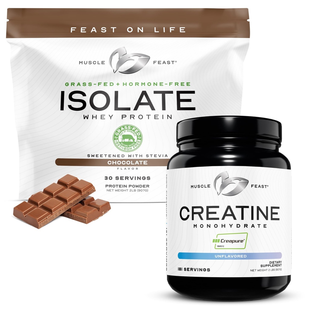 Μύες Feast Create + Isolate Bundle: 1 Creatine Powder (Unflaved, 2lb) + 1 Whey Protein Isolate (Chocolate, 2lb) 