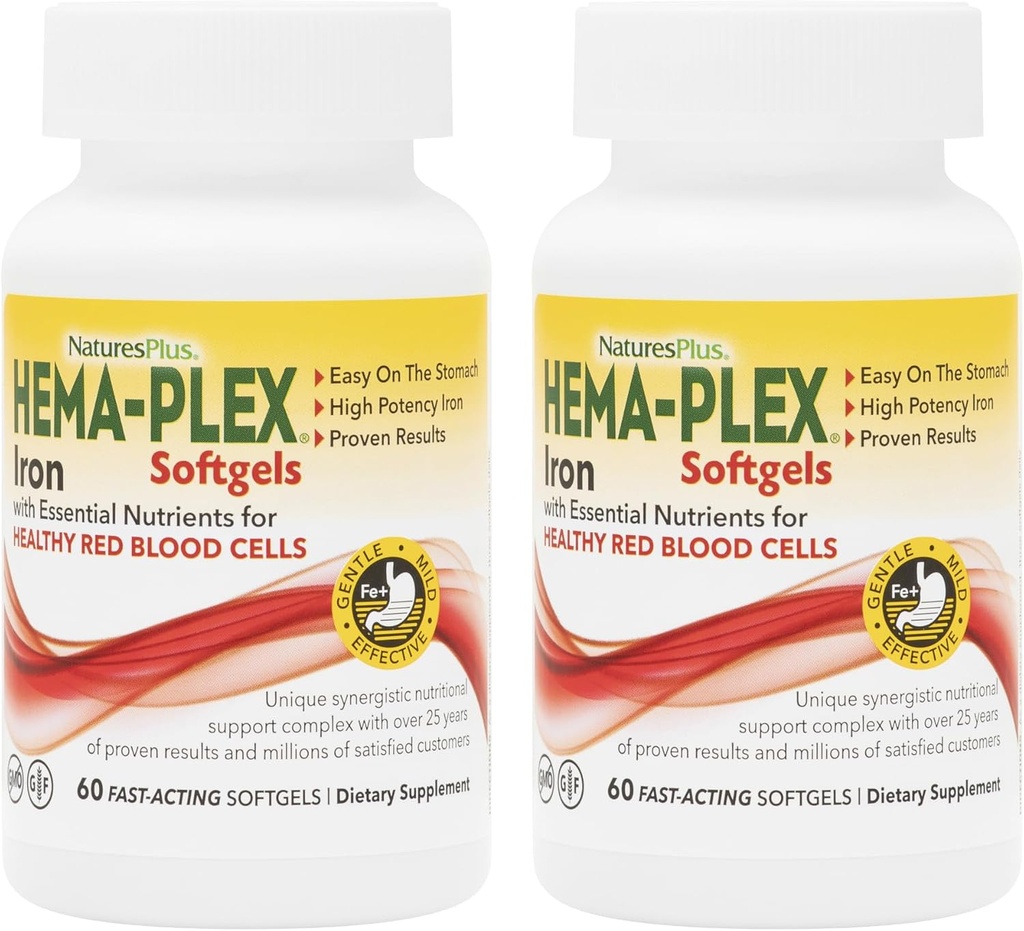 NaturesPlus Hema-Plex Iron - 60 Fast-Acting Softgels - 2 Pack - 85 mg Iron + Vitamin C & Bioflavonoids for Healthy Red Blood Cells - Vegan, Gluten Free - 40 Total Servings