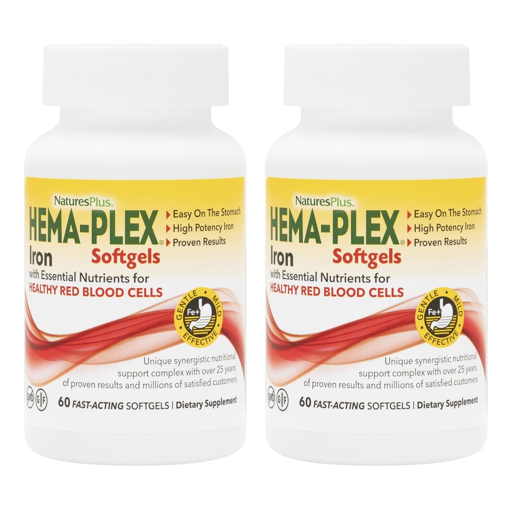 NaturesPlus Hema-Plex Iron - 60 Softgels ταχείας δράσης - 2 Pack - 85 mg Iron + Vitamin C & Bioflavonoids για υγιή ερυθρά αιμοσφαίρια - Vegan, Χωρίς γλουτένη - 40 Σύνολο Σερβίρεις