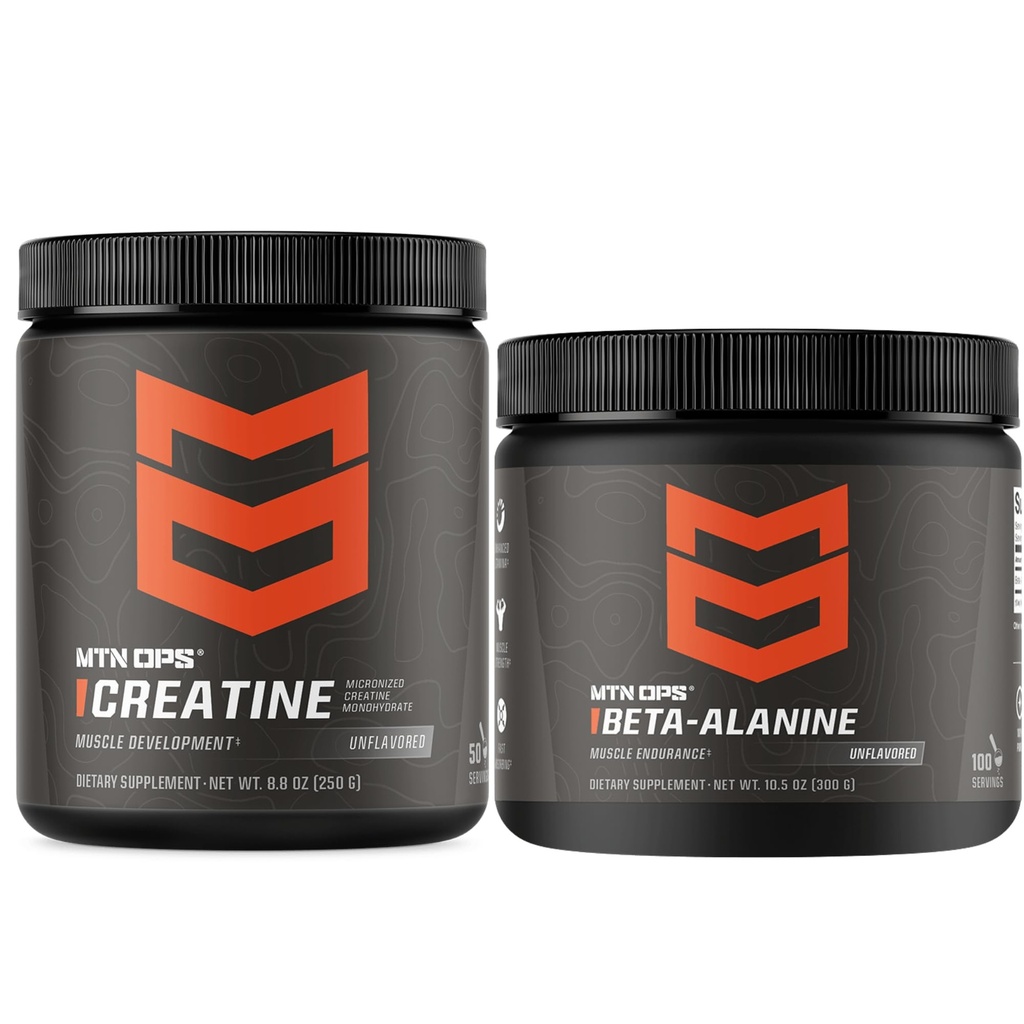 MTN OPS Creatine Monohydrate & Beta Alanine Performance Stack – Strength, Power & Muscular Endurance Support – Pre Workout & Training Recovery Bundle
