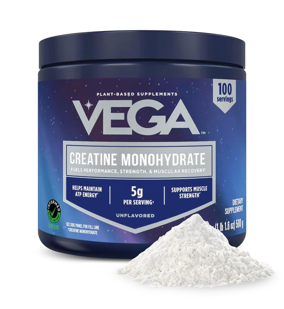 Vega Micronized Creatine Monohydrate Powder, Unflavored – 5g Pure Vegan Creatine για Άνδρες & Γυναίκες, Δύναμη, Απόδοση & Ανάπτυξη των μυών, 100 Μερίδες (17,6 oz)