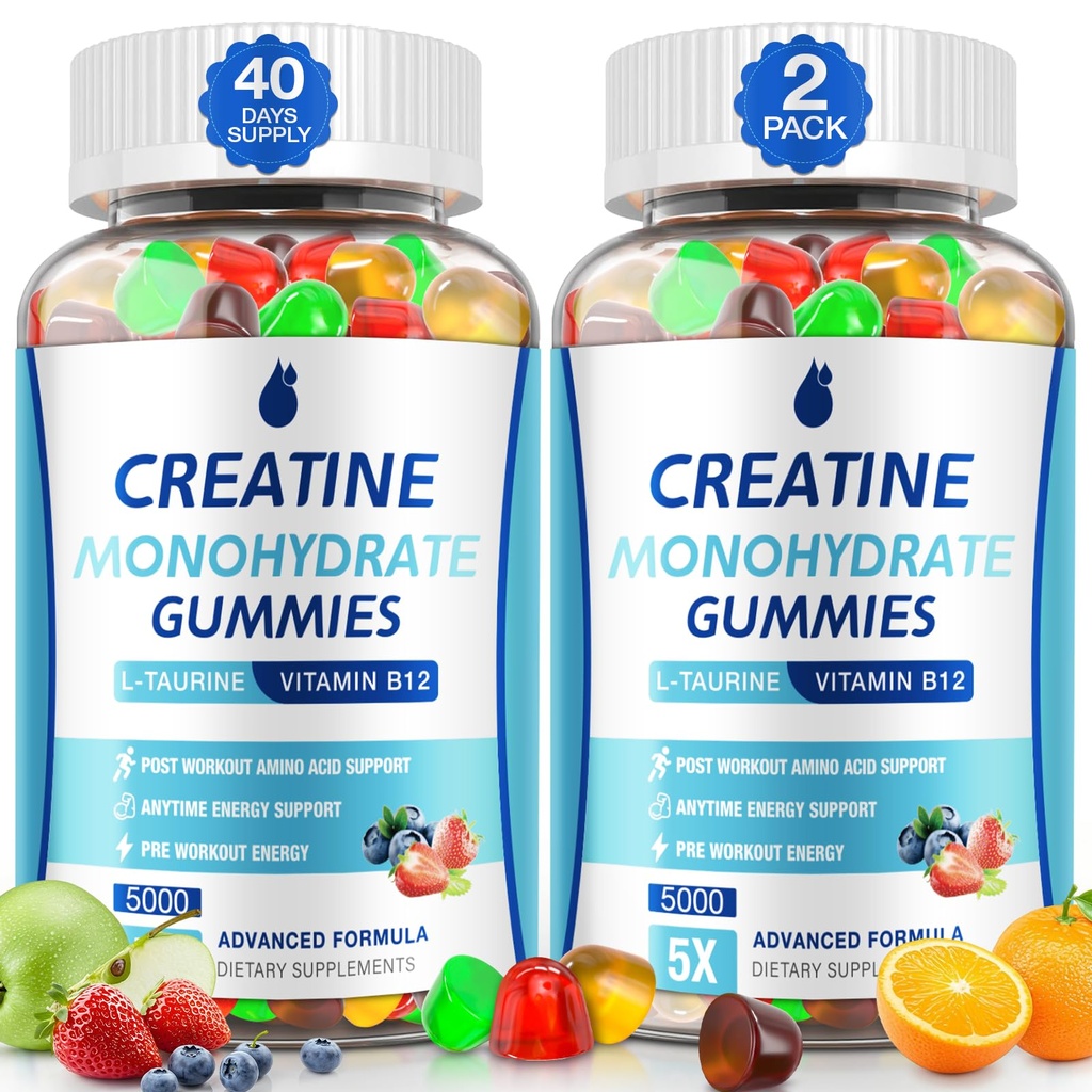 Creatine Gummies για τους άνδρες και τις γυναίκες - Creatine Monohydrate Gummies 5g, Muscle Builder, Energy Boost & Pre-Wortout Supplement, Χαμηλή ζάχαρη Taurin Chewable Gummy 2 Pack