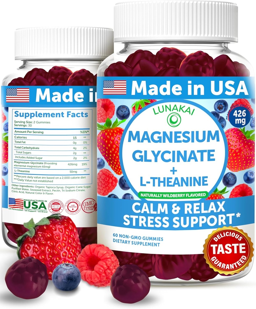 Lunakai USA Made Magnesium Glycinate Gummies 426mg με L-Θεανίνη – Ήρεμος, Ύπνος, Άγχος Ανακούφιση για Ενήλικες & Παιδιά, Μη ΓΤΟ, Vegan, 60ct
