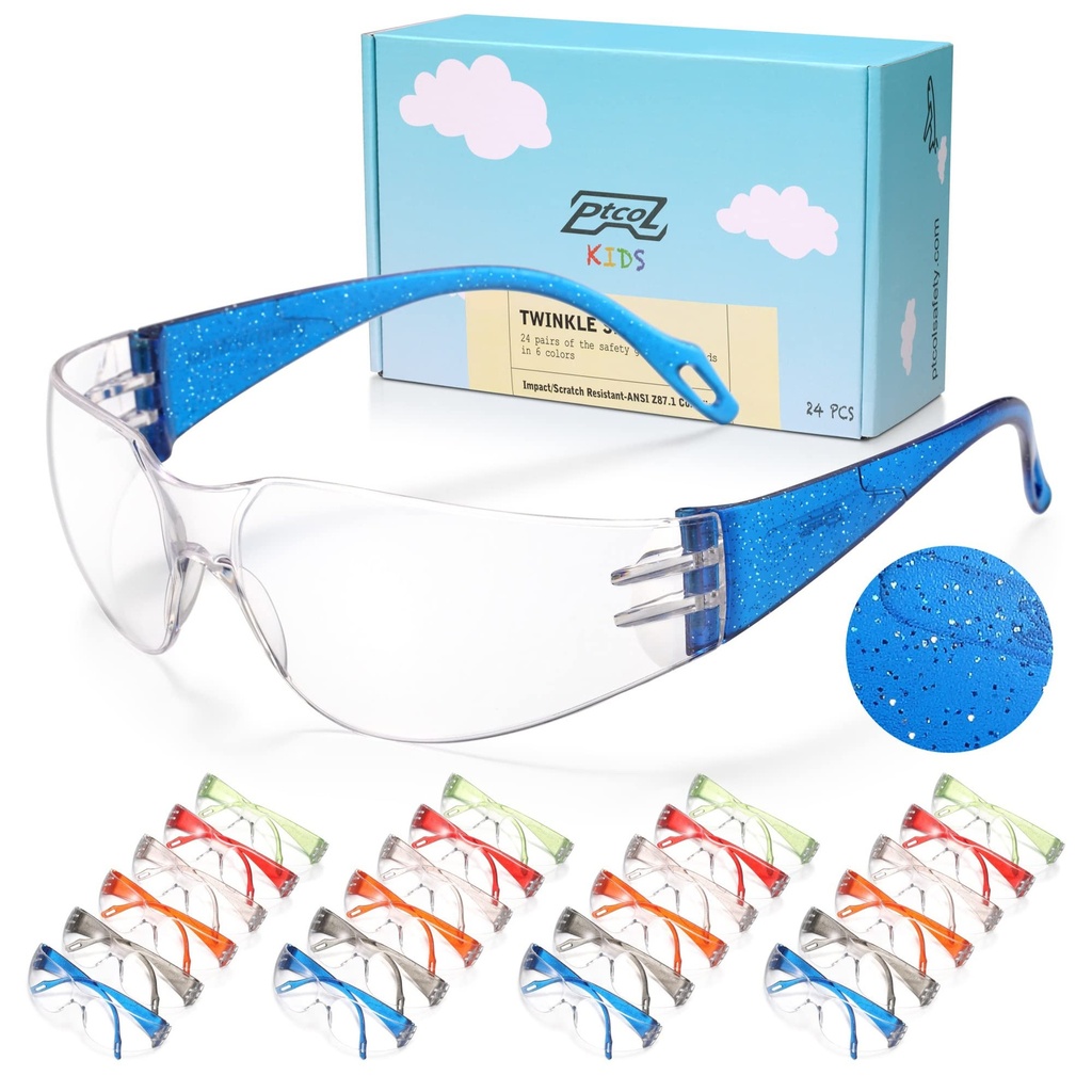 Kids Safety Glasses 24 Pack, Scratch, Impact Resistant Safety Goggles with Clear Lens Assorted Twinkle Color Frame, Eyewear for Lab, Sports,Shooting, Landscaping, Child Youth Size