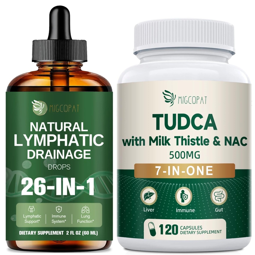 Migcopat 7-in-One TUDCA Complex + 26-in-1 Lymphatic Drainage Drops with Echinacea, Turmeric, Elderberry, Dandelion and Vitamins