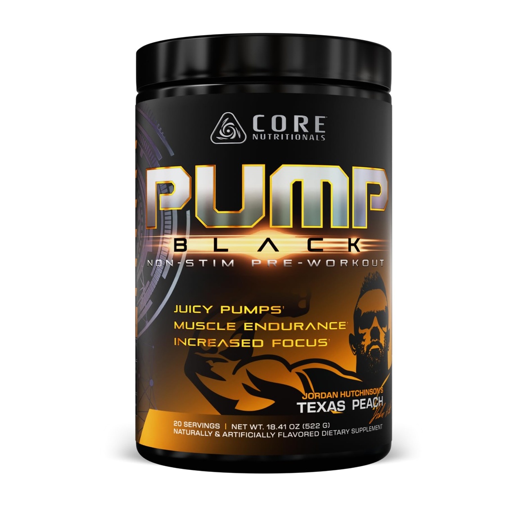 Core Nutritionals Pump Black Non-Stim Pre-Workout | Citrulline, Beta-Alanine, Betaine Nitrate & PeptiPump | Supports Muscle Pumps, Endurance & Focus | 20 Servings (Texas Peach)