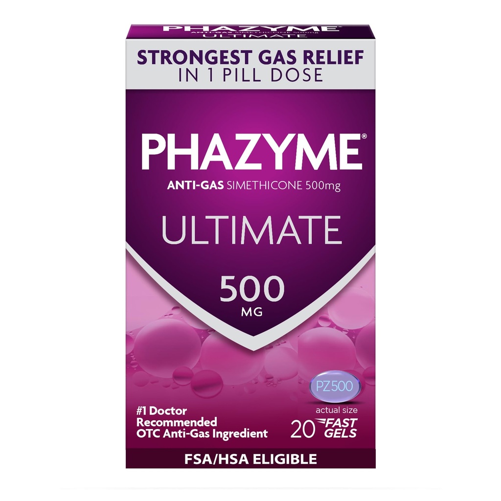 Phazyme Ultimate Strength Anti-Gas 500 mg Simethicone Gas Relief for Adults, Fast Gels Γρήγορα Ease Bloating, Pressure and Discomfort, 20 Count