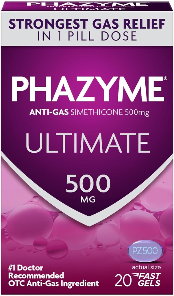 Phazyme Ultimate Strength Anti-Gas 500 mg Simethicone Gas Relief for Adults, Fast Gels Γρήγορα Ease Bloating, Pressure and Discomfort, 20 Count