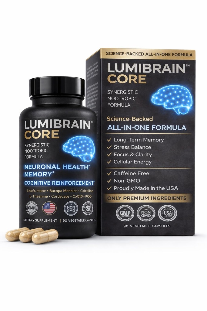 LumiBrain™ CORE Brain Supplement for Memory and Focus, Caffeine-Free Nootropic for Brain Energy, 90 Capsules