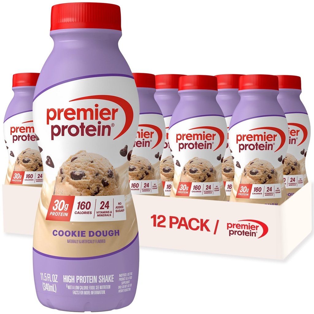 Premier Protein Shake, Cookie Dough, 30g Protein, No Added Sugar, 24 Vitamins & Minerals to Support Immune Health, 11.5 fl oz, 12 Pack