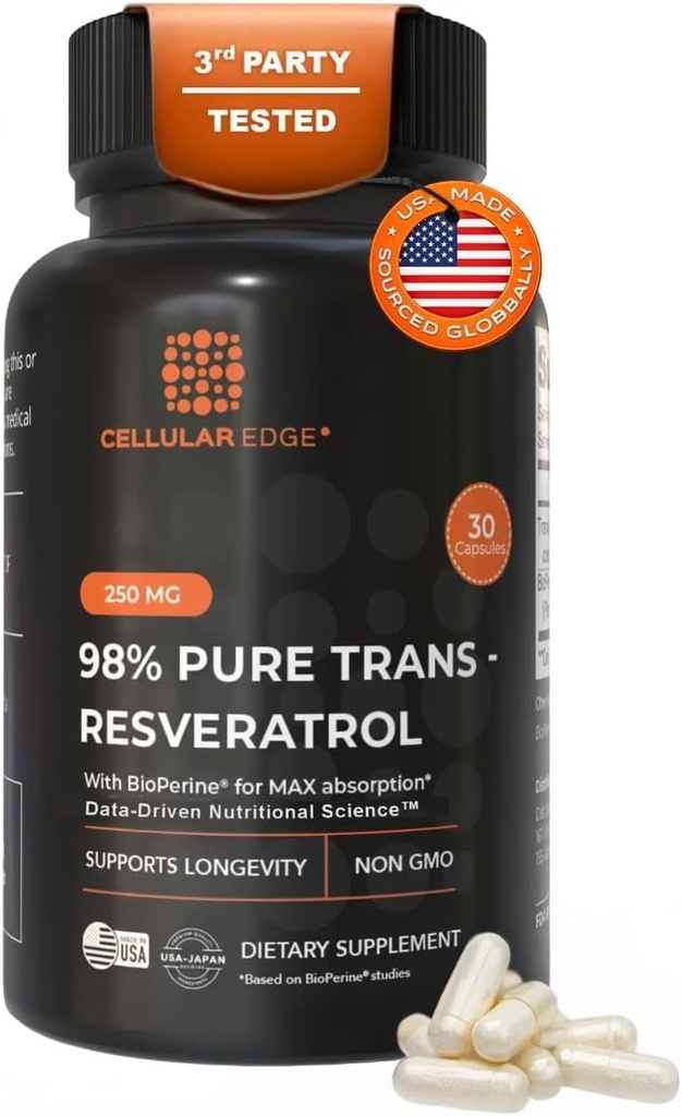 Trans-Resveratrol 250mg (≥98% Pure) with BioPerine® | Made in USA | Third-Party Tested | Cellular Health & Longevity Support | Vegan | 30 Capsules