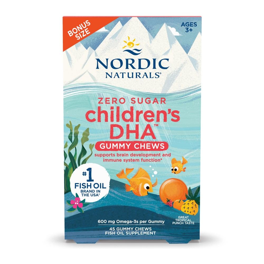 Nordic Naturals Zero Sugar Children’s DHA Gummy Chews, Tropical Punch - 45 Gummy Chews for Kids - 600 mg Total Omega-3s - Brain Development, Learning, Healthy Immunity - Non-GMO - 45 Servings