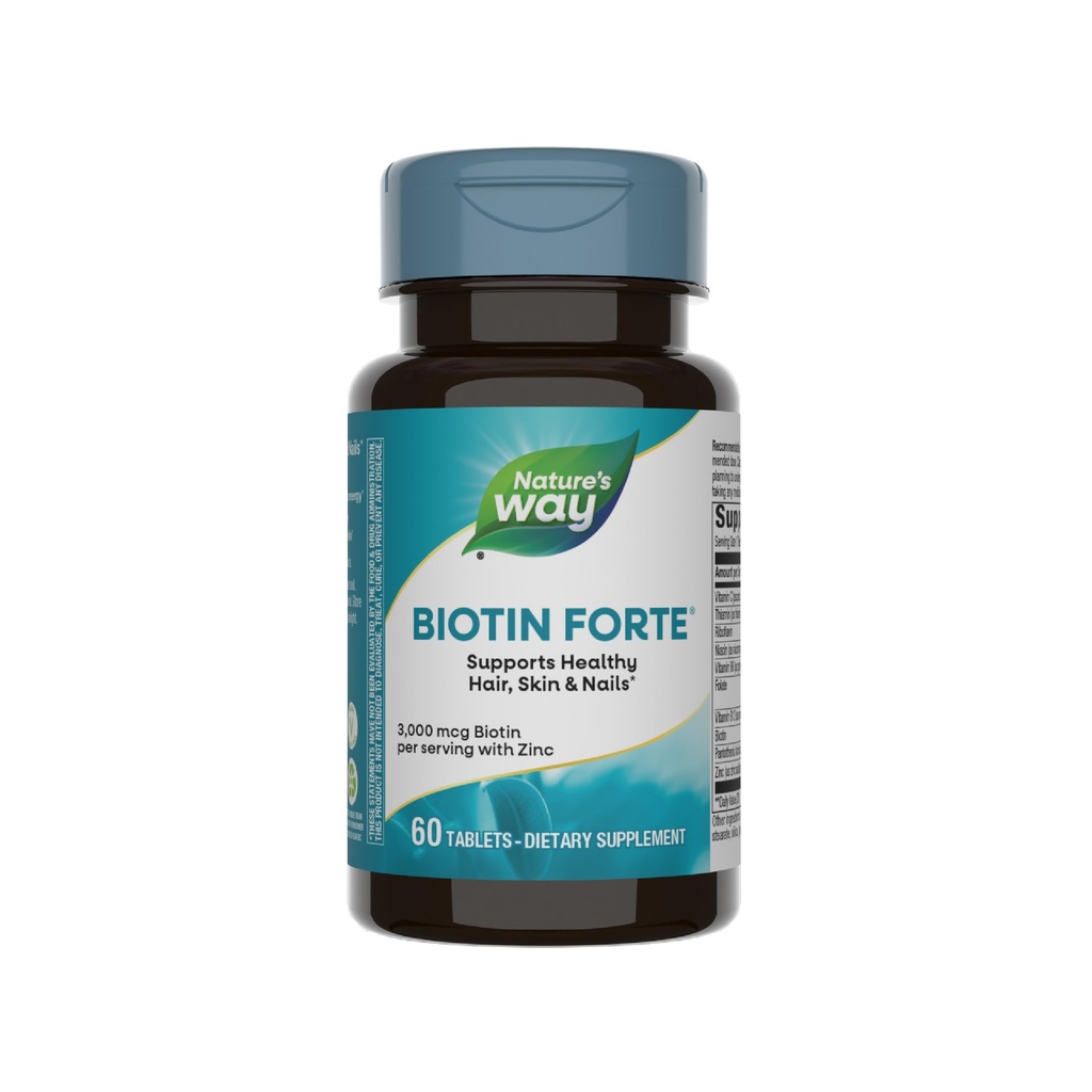 Nature's Way Biotin Forte, Υποστηρίζει υγιή μαλλιά, δέρμα & νύχια*, 3000 mcg Biotin per Serving, με ψευδάργυρο, βιταμίνη C, Β- βιταμίνες, 60 δισκία (Packaging May Vary)