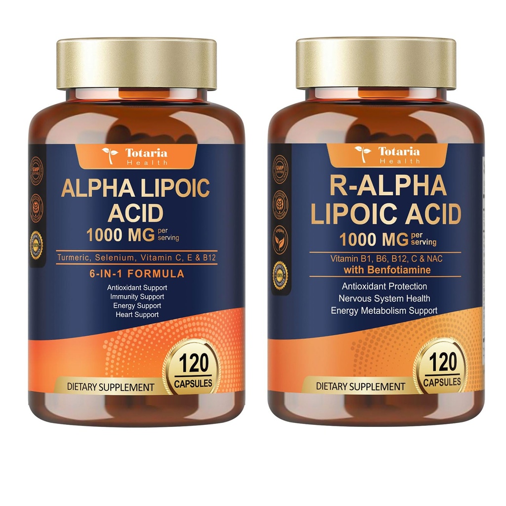 Totaria Alpha Lipoic Acid 1000mg + R Lipoic Acid 1000mg - ALA Supplement Antioxidant for Neuropathy Support Nerve Health, Liver Detox, Antioxidant, Metabolism and Cell Energy
