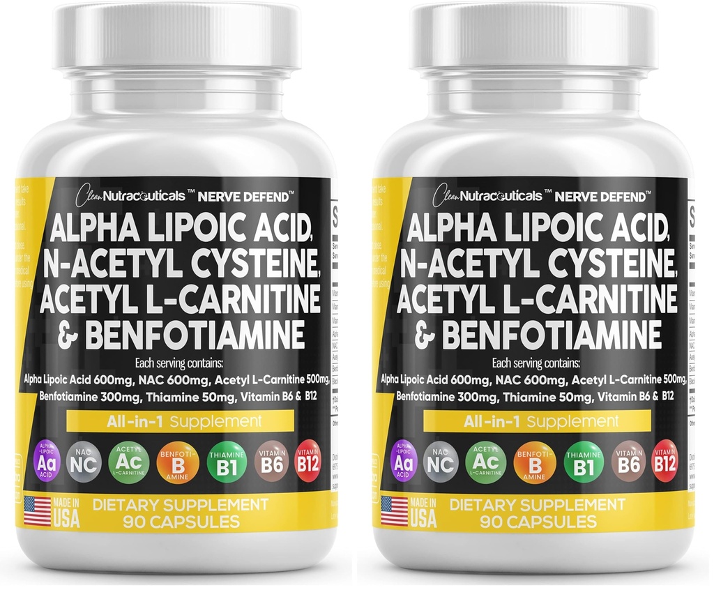 Alpha Lipoic Acid 600mg N-Acetyl Cysteine 600mg Acetyl L-Carnitine 500mg Benfotiamine 300mg - Nerve Support Supplement for Women and Men with Vitamin B1 B6 & B12 - Made in USA 90 Caps (Pack of 2)