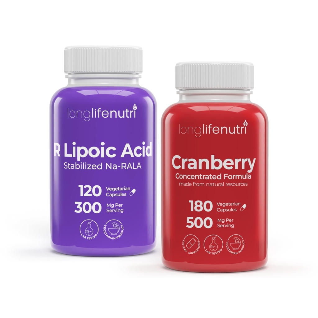 LongLifeNutri R-Alpha Lipoic Acid 300 mg + Cranberry Extract 500 mg Bundle - 120 + 180 Vegetarian Capsules, Cellular Energy & Metabolic Function, Urinary Tract Health, 4-6 Month Supply, Made in USA