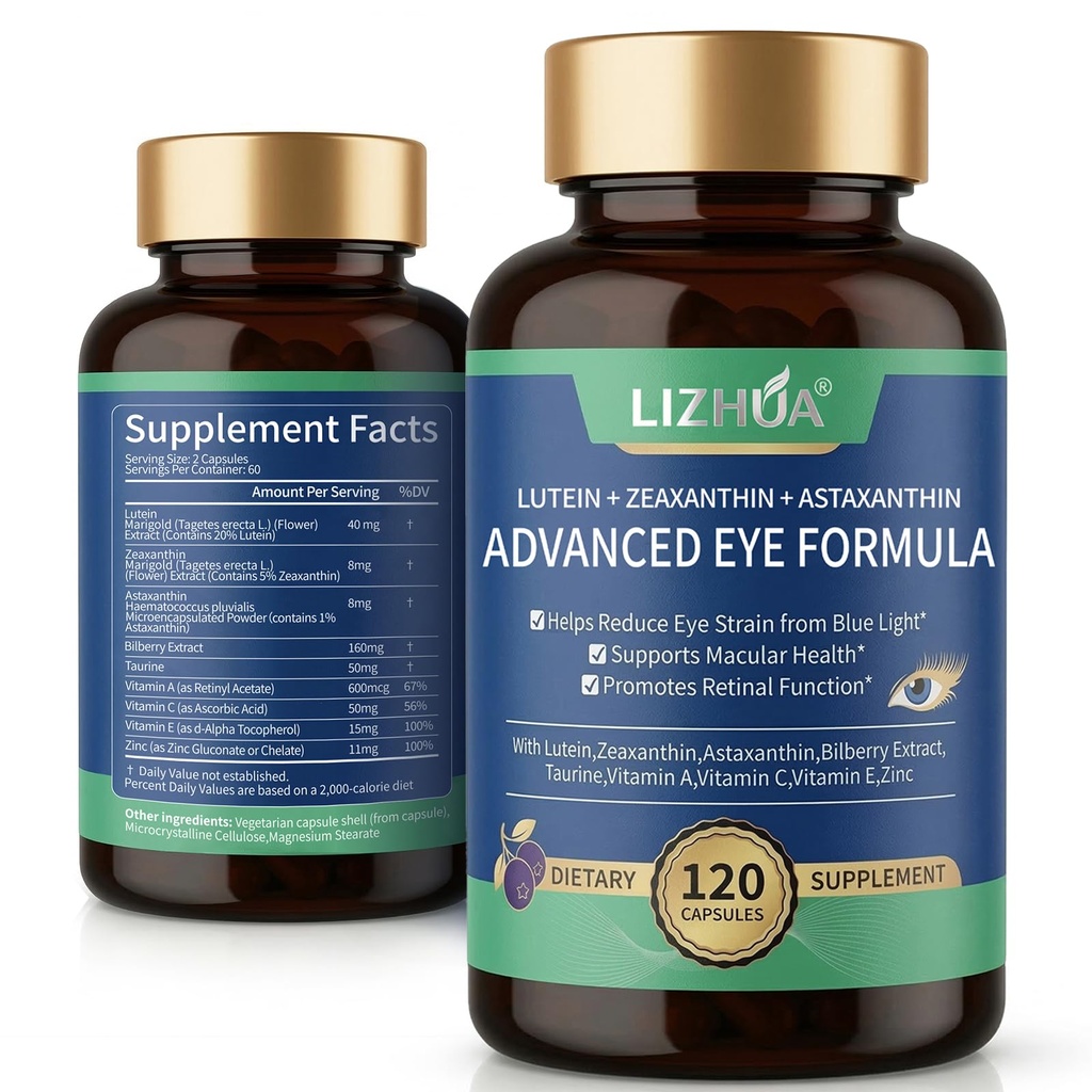 Lutein 40mg & Zeaxanthin 8mg Eye Vitamins, with Astaxanthin, Bilberry, Taurine, Vitamins A C E Zinc, Blue Light & Macular Support, 120 Veggie Capsules