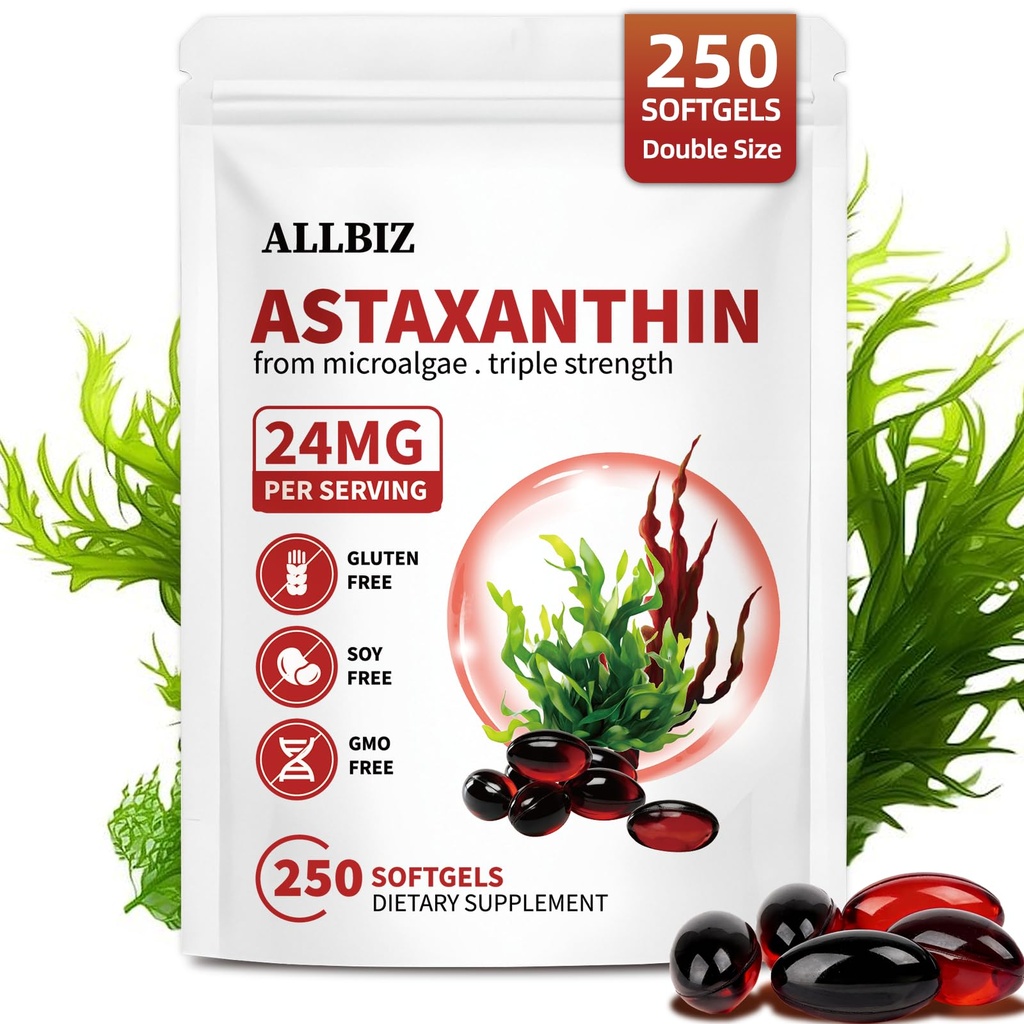 ALLBIZ Astaxanthin 24mg | 250 Softgels | 250-Day Supply | Premium Antioxidant Supplement Supports Eye, Skin, Brain & Liver Health | Natural Microalgae Source, Non-GMO, Gluten Free