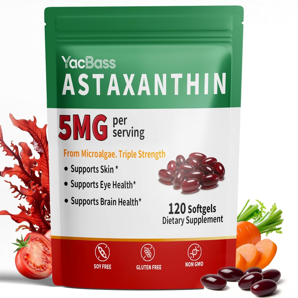 Astaxanthin Supplements 5mg - Premium Astaxanthin 120 Softgels for Eye, Brain, Skin & Immune Support, Microalgae Source, 4 Month Supply