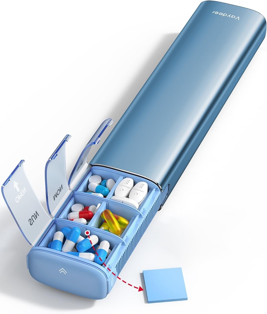 Vaydeer 7 Day Weekly Pill Organizer (Υποστήριξη 2 φορές την ημέρα), Metal Travel Pill Case, Μεγάλη Χωρητικότητα Daily χαριτωμένο κουτί χάπια για συμπληρώματα, χάπια, βιταμίνες και φαρμακευτική αγωγή (μπλε)