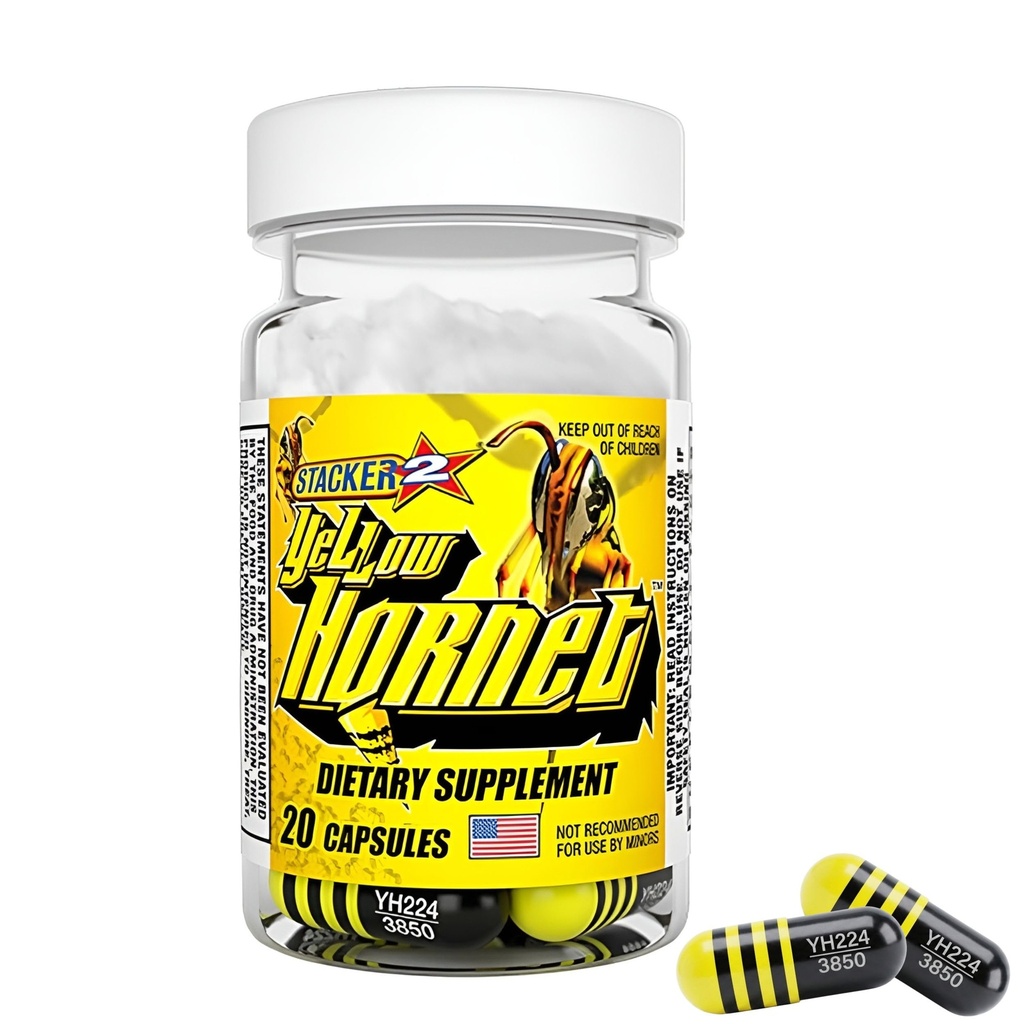 Stacker 2 Yellow Hornet Herbal Dietary Supplement Capsules with Taurine, Yerba Mate, Capsicum Annuum, Yohimbine Alkaloids for Energy Boost (1, 20 Count)