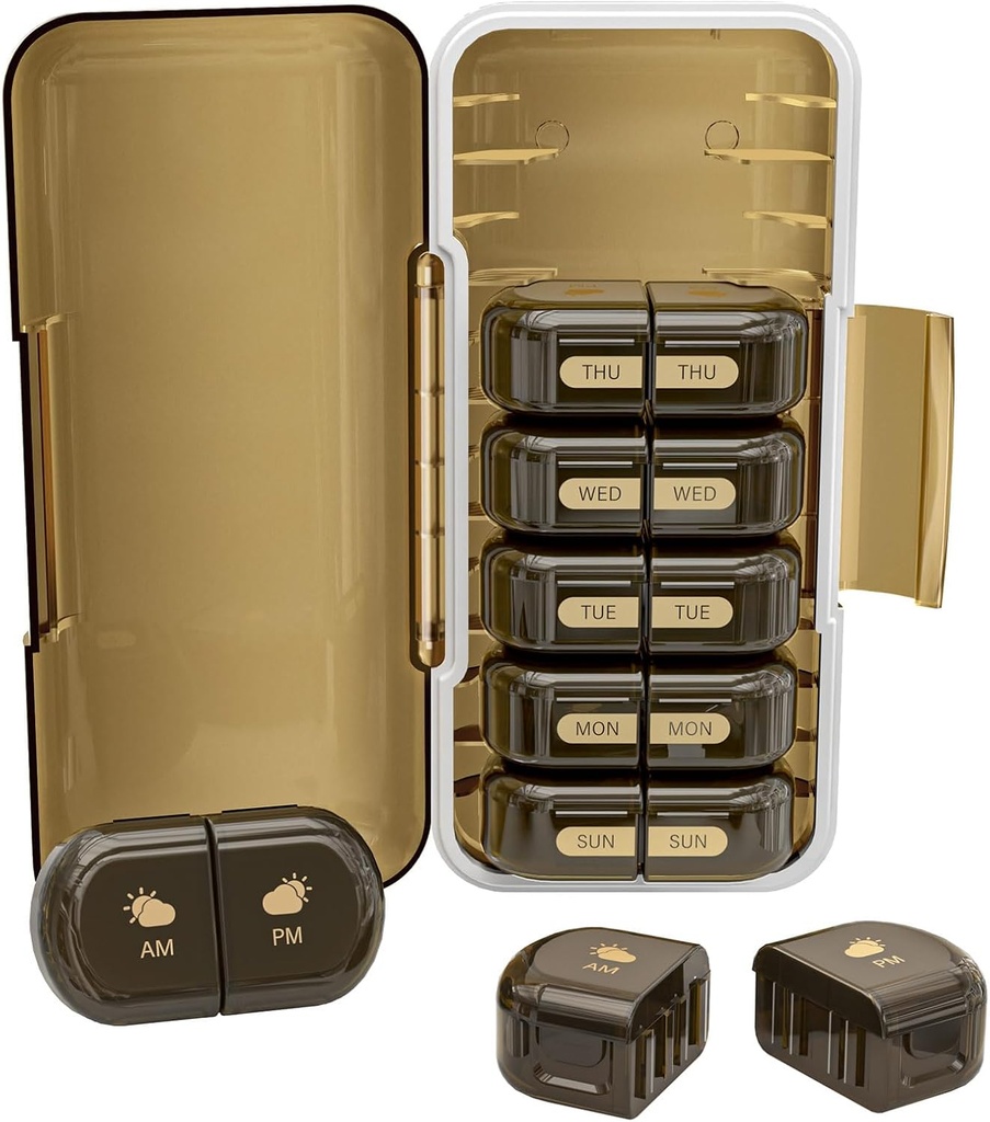 Weekly Pill Organizer 2 φορές την ημέρα, Moisture-Proof, Αποσπώμενα διαμερίσματα, AM PM Pill Box 2X 7 Ημέρα, Travel Pill Organizer για χάπια / Fish Oil / Medication / Vitamin / Συμπληρώματα (Brown)