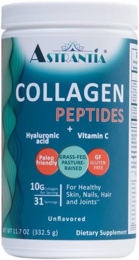 ASTRANTIA Collagen Peptides Σκόνη, Grass-fed Unflaved Collagen με Υαλουρονικό οξύ και βιταμίνη C για υγιή νύχια, δέρμα, μαλλιά και αρθρώσεις 