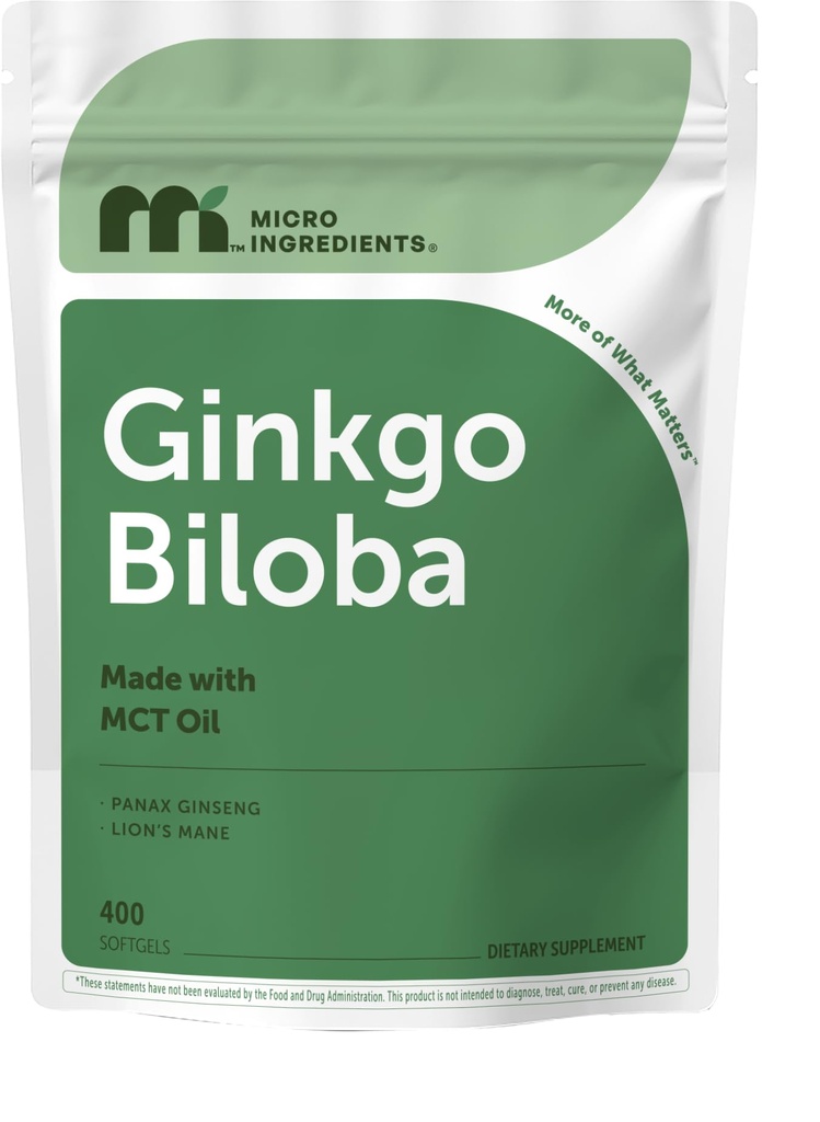 Micro Ingredients Ginkgo Biloba 120 mg Per Serving, 400 Softgels | 3-in-1 with Panax Ginseng & Lion’s Mane | Herbal Mushroom Blend | Made with MCT Oil | Non-GMO