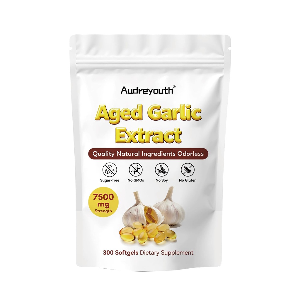Odorless Garlic, 300 Softgels | 2 Years Aged Garlic Extract | Grown Allium Sativum Bulb | Natural Herbal Supplements | Non-GMO, Gluten Free
