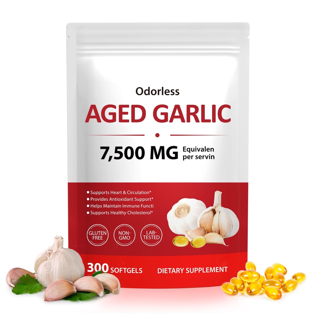 Aged Garlic Extract Capsules 300 Count - 7500mg Odorless Organic Garlic Supplement, 2-Year Matured for Heart & Immune Support, Non-GMO, Gluten-Free, Vegetarian