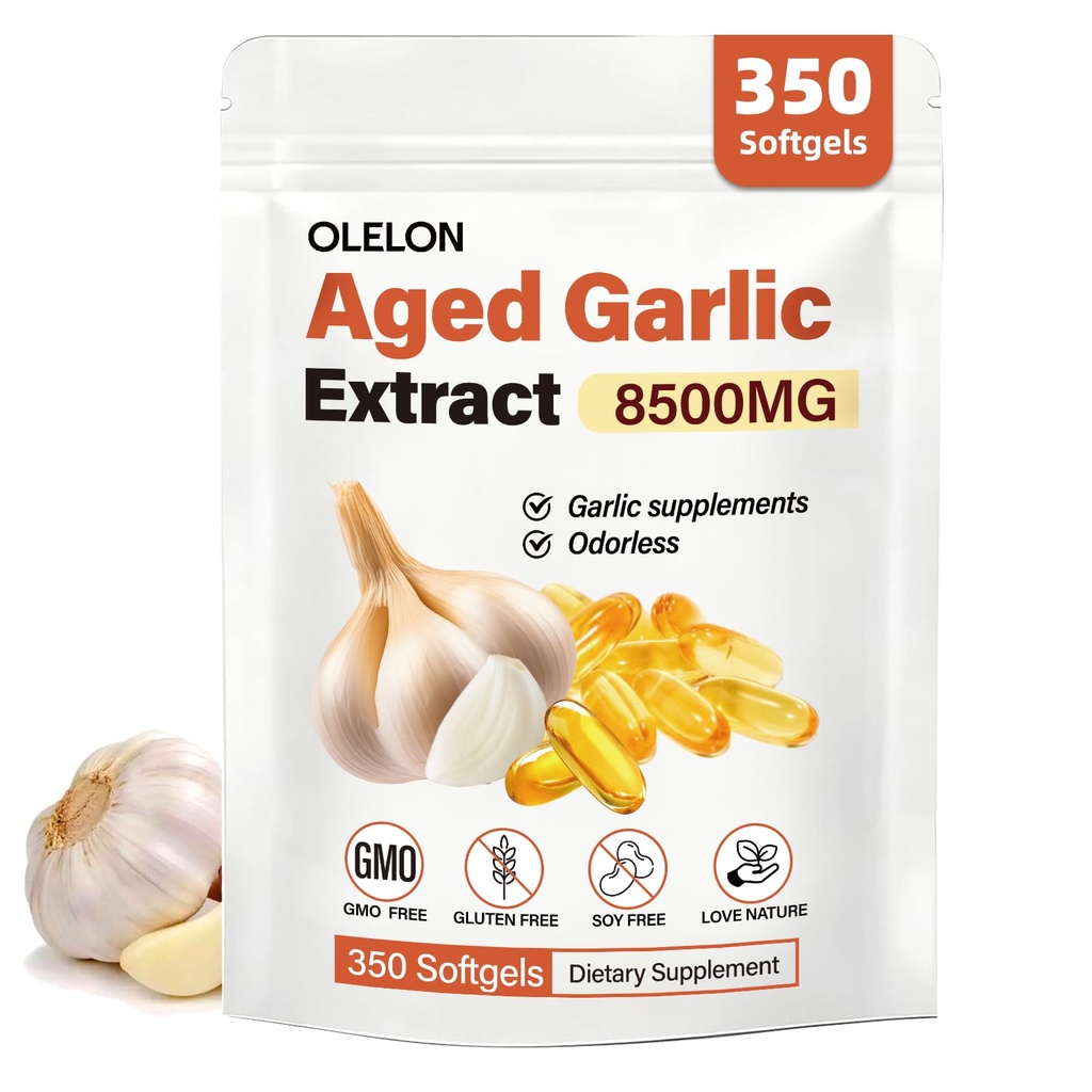 OLELON Aged Garlic Extract 350 Softgels - High Potency, Odorless, Non-GMO & Organic Garlic Supplement for Heart Health, Immune Support & Antioxidant Benefits