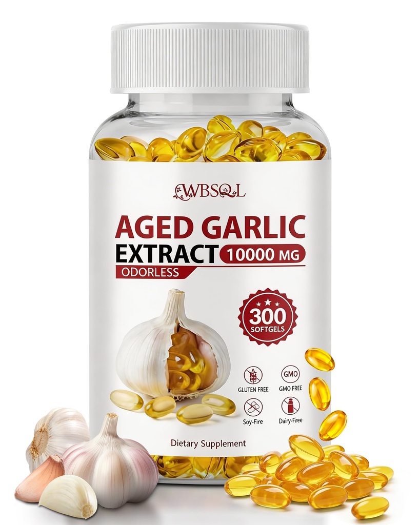 Odorless Aged Garlic Extract 10,000 mg - 300 Softgels, 2 Year Aged Garlic Supplements for Heart & Immune Support - Natural Antioxidant Supplement, Non-GMO, Gluten-Free, Vegan