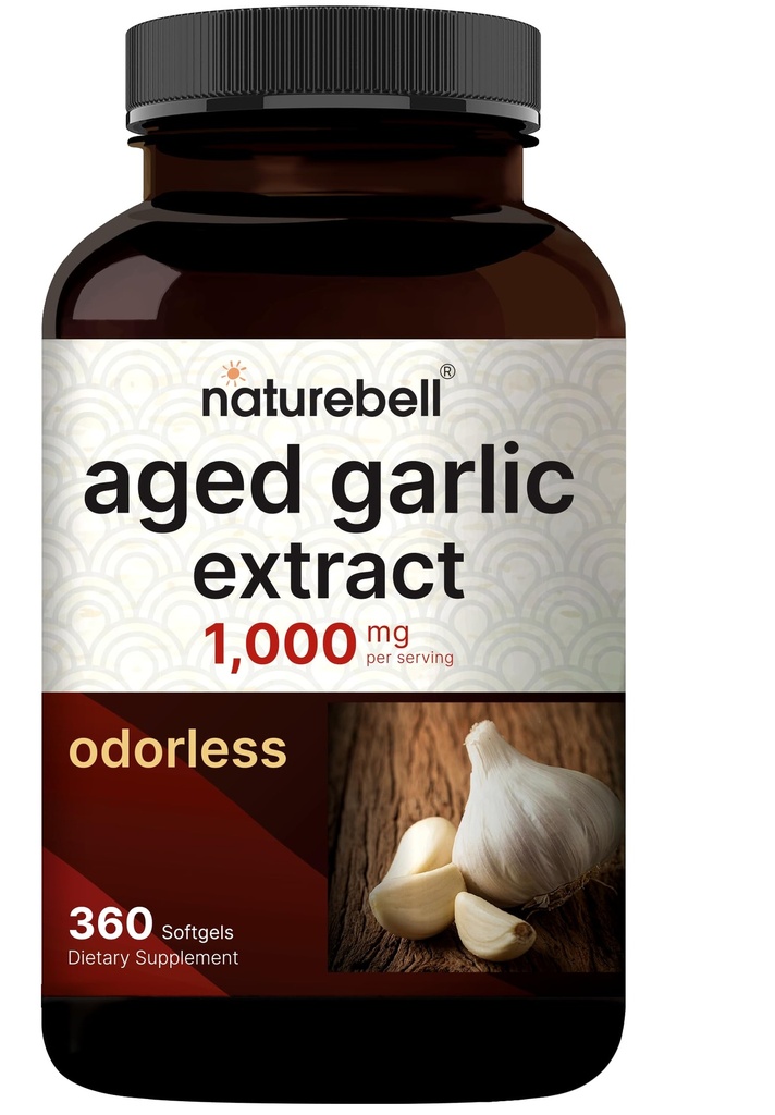 NatureBell Aged Garlic Extract 1,000mg, Over 2 Years Aged, 360 Odorless Softgels – Allium sativum – Made with MCT Oil – Non-GMO, Gluten Free