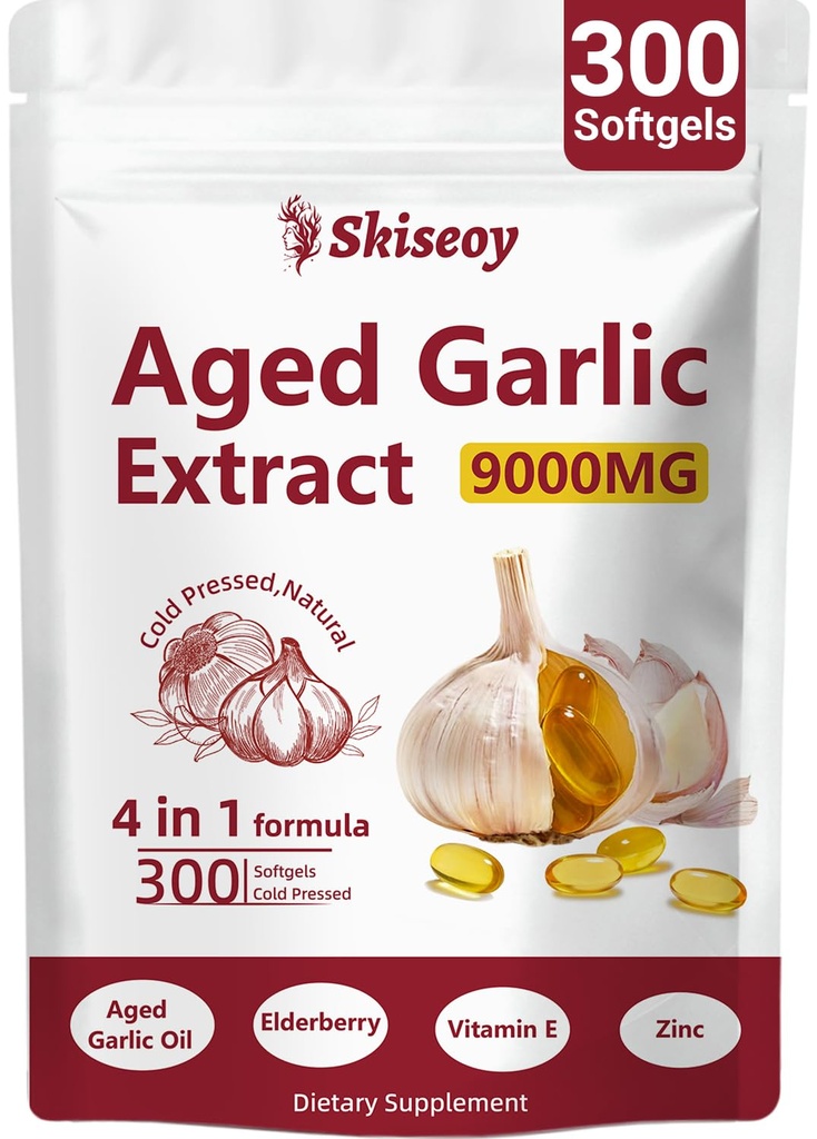 Aged Garlic Extract – 9000mg Odorless 2 Years Organic Aged Garlic Supplements with Elderberry, Vitamin E & Zinc for Heart & Immune Support, Potent Antioxidant Supplements, Vegetarian, 300 Softgels