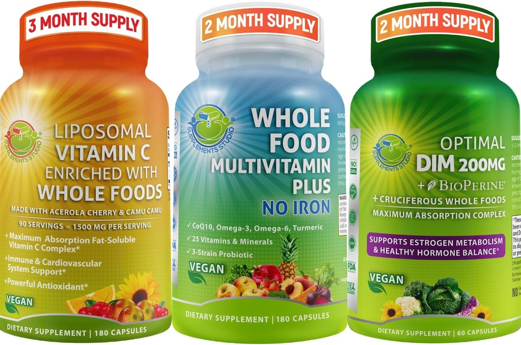 ΣΥΜΠΛΗΡΩΜΑΤΑ STUDIO Vegan Immune, Energy & Hormone Support Bundle για άνδρες και γυναίκες – Vegan Whole Food Multivitamin Without Iron + Liposomal Vitamin C 1500mg + Optimal DIM 200mg με BioPerine®