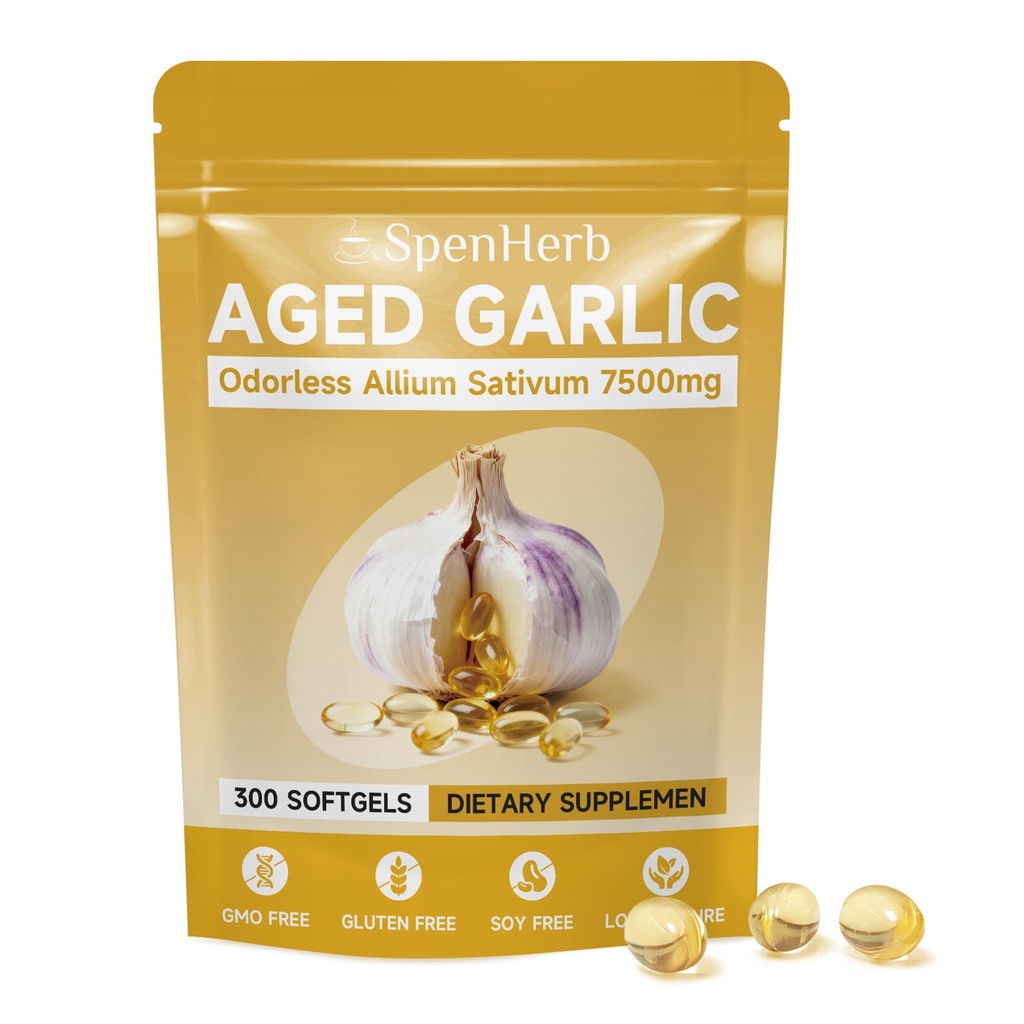 Aged Garlic Extract Softgels, Odorless Allium Sativum 7500mg Antioxidant Supplement, Immune Support,Heart Health,Non-GMO 300 Softgels,1 Bag