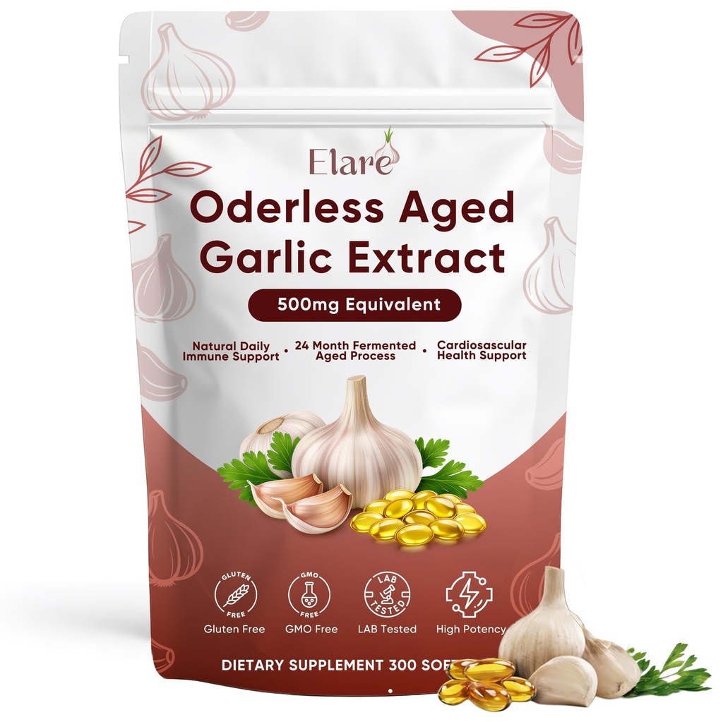 ELARE Aged Garlic Extract - Odorless Softgels, 300 Garlic Softgels, Vegetarian, Non-GMO, All-Natural (1)