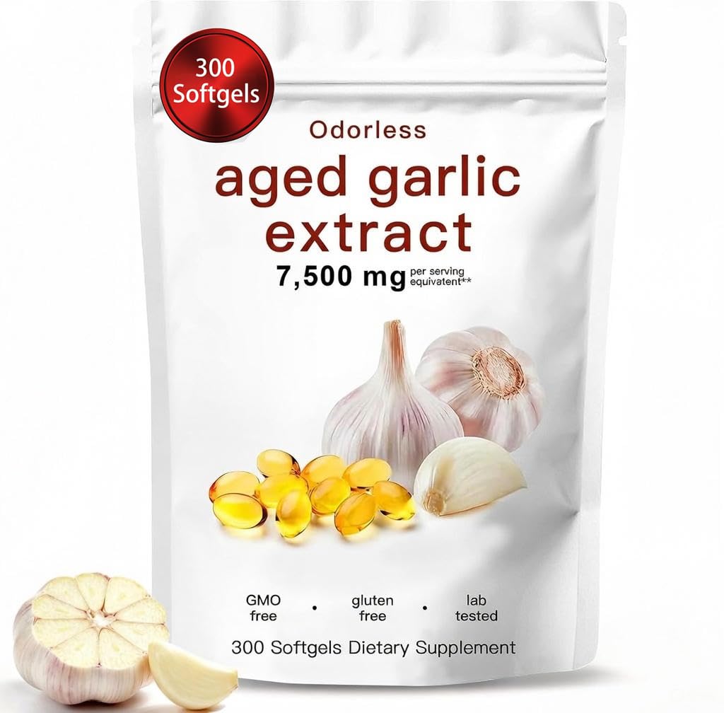 Aged Garlic Extract, 300 Softgels – Odorless Organic Garlic Supplement, 2-Year Matured – Vegetarian, Non-GMO, All-Natural (1PCS.)