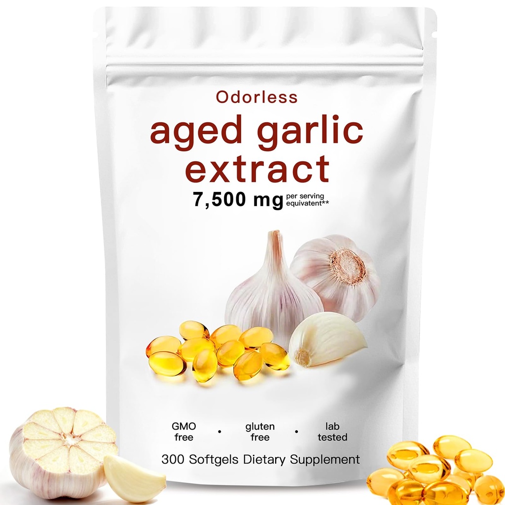 Aged Garlic Extract-300 Count Odorless Organic Garlic Capsules Supplement for Heart & Immune Support – Vegetarian, Non-GMO, All-Natural Softgels, 2-Year Matured for Antioxidant Wellness