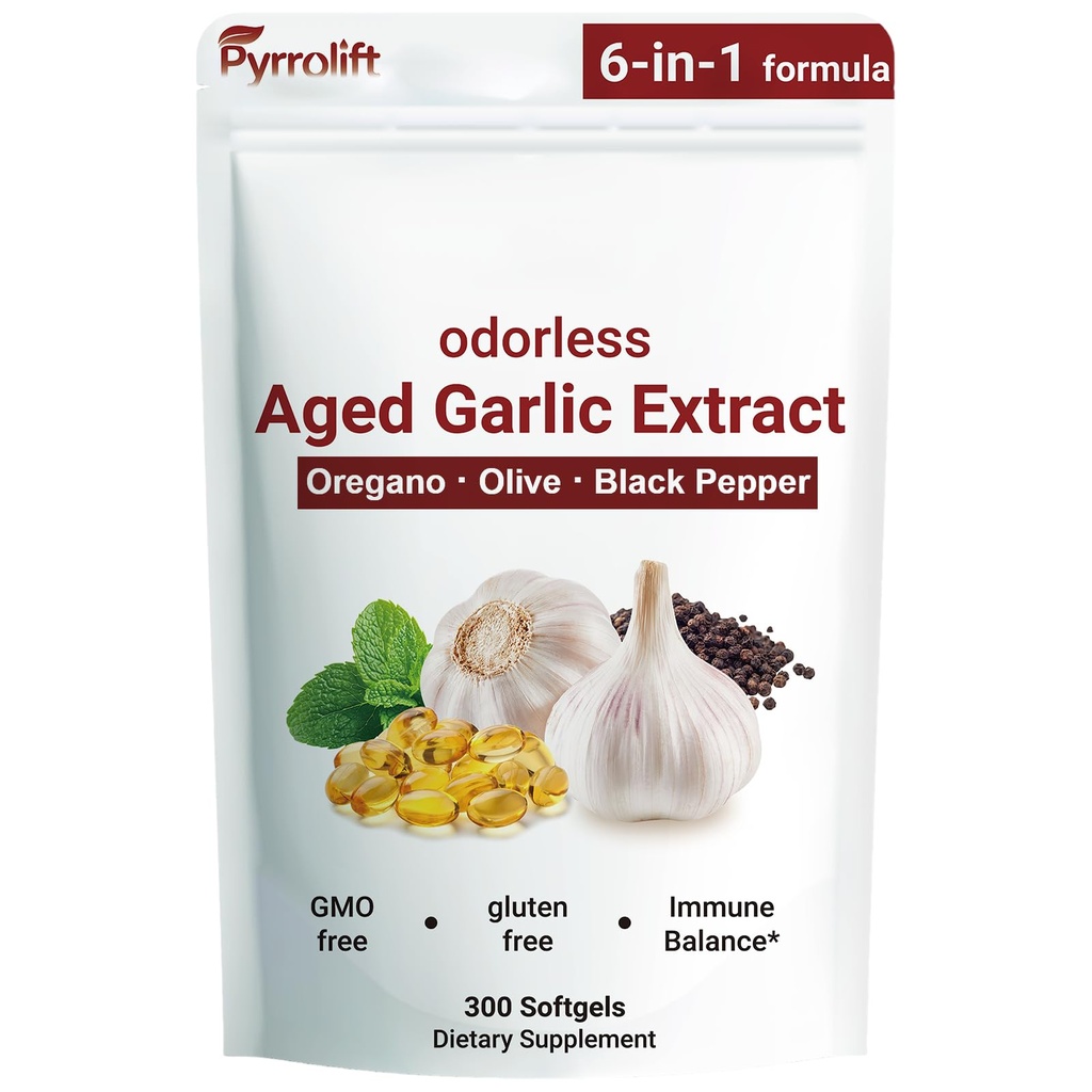 Aged Garlic Extract - 1530mg with Vitamin D, Zinc, Oregano & Olive Leaf | Odorless Garlic Supplements, Heart & Immune Support Herbal Formula Antioxidant Supplement, 300 Softgels
