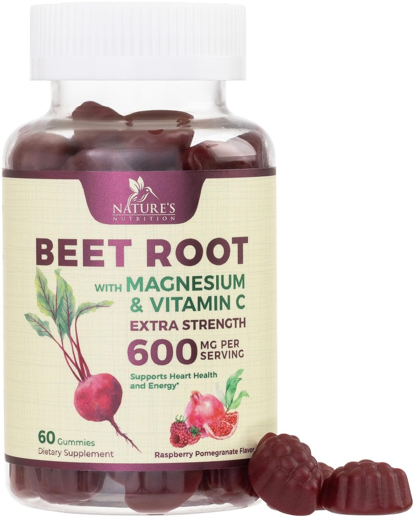 Συμπληρώματα ρίζας τεύτλων Gummies - 500mg ανά υπηρεσία με Beetroot εκχύλισμα σκόνης Βιταμίνη C & Μαγνήσιο - Υποστηρίζει την ενεργειακή καρδιά Υγεία & Νιτρικό Οξείδιο Παραγωγή - Red Beets Συμπληρώματα Gummy - 60 Gummies