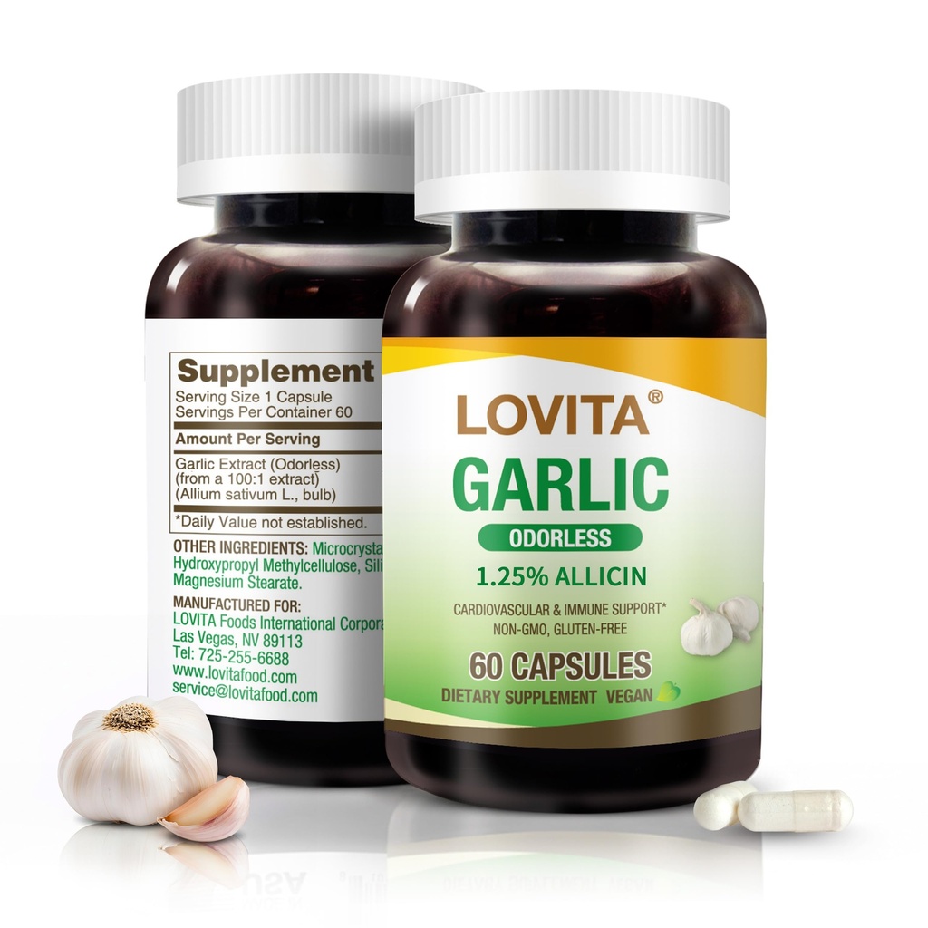 LOVITA Odorless Garlic Extract, Standardized to 1.25% Allicin, Potent 100:1 Concentration, Supports Heart, Blood Pressure, Cholesterol & Immune System, Non-GMO, Gluten-Free, 60 Vegan Capsules
