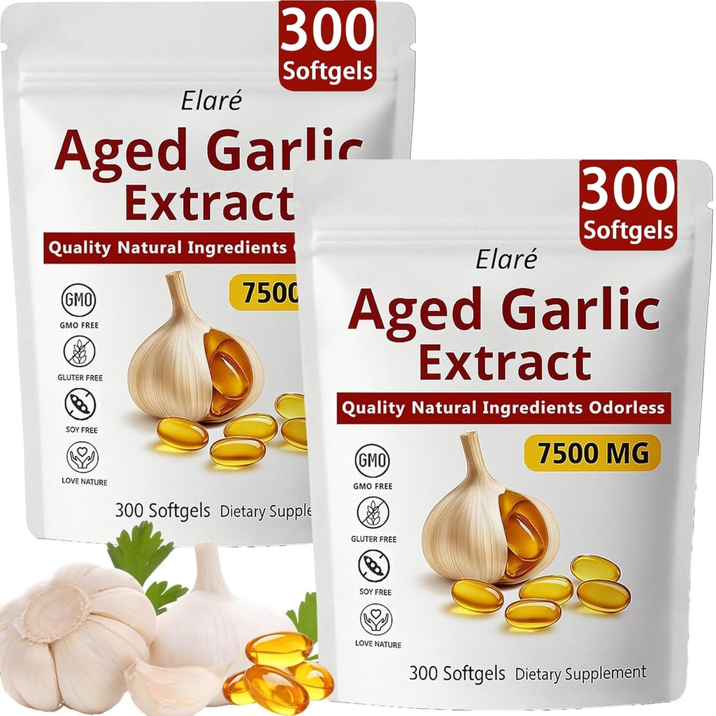 Elare Aged Garlic Extract, 7500mg Organic Garlic Capsules Supplement for Supports Immune & Heart Health, Odorless, Non-GMO, Gluten-Free, Vegetarian, 300 Softgels (2)